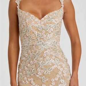 Mac Duggal Beige Floral Embroidered Tulle Gown